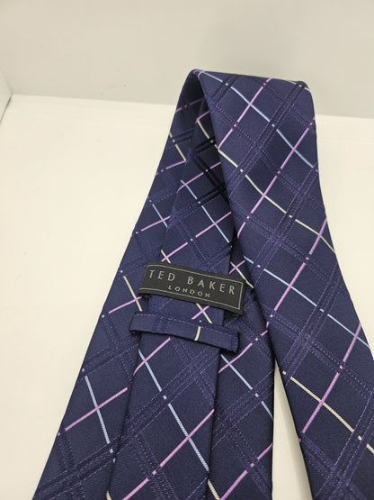 Ted Baker Silk Tie Mens Purple Navy Check Designer Vintage Retro Neck Tie BX15