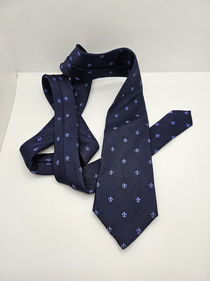 T.M.Lewin Mens Silk Tie Navy Blue Fleur-de-Lis Vtg Retro Wedding Neck Tie
