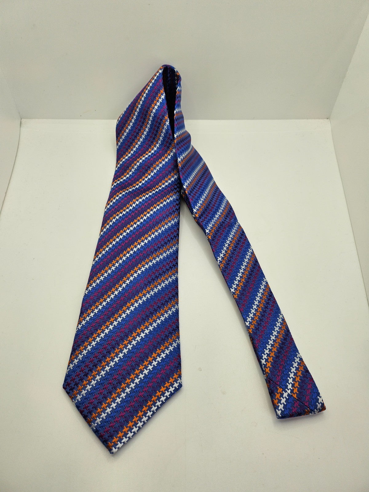 Alexandre of England Silk Tie Mens Blue Orange Geometric Wedding Neck Tie BX26