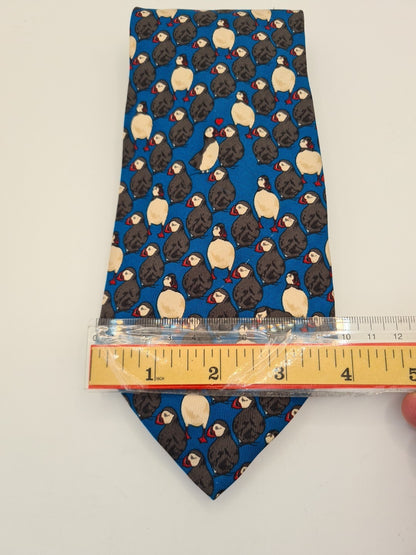 Blue Whiskey Puffin bird Pattern Silk Tie | Designer Mens Tie UK Vintage Mens Tie UK BX14