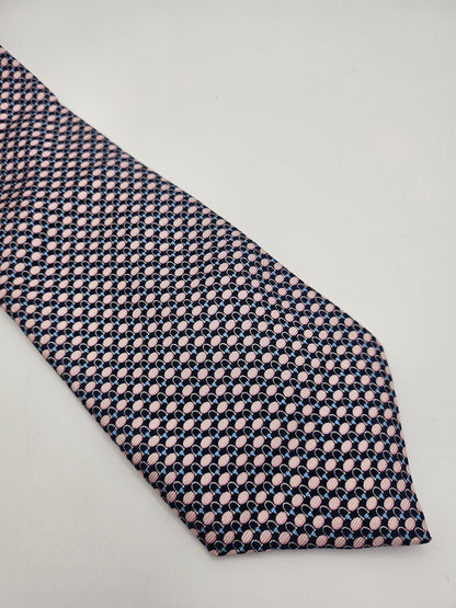 T.M.Lewin Mens Silk Tie Pink Navy Geometric Vtg Retro Wedding Neck Tie