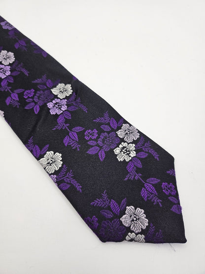 William Hunt Mens Silk Tie Black Purple Floral Vtg Retro Wedding Neck Tie