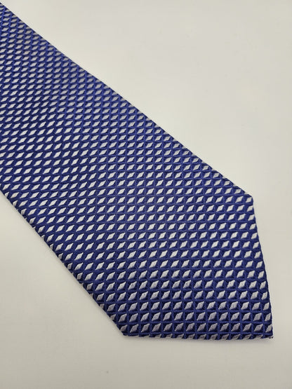 M&S Mens Silk Tie Blue White Geometric Diamond Vtg Retro Wedding Neck Tie