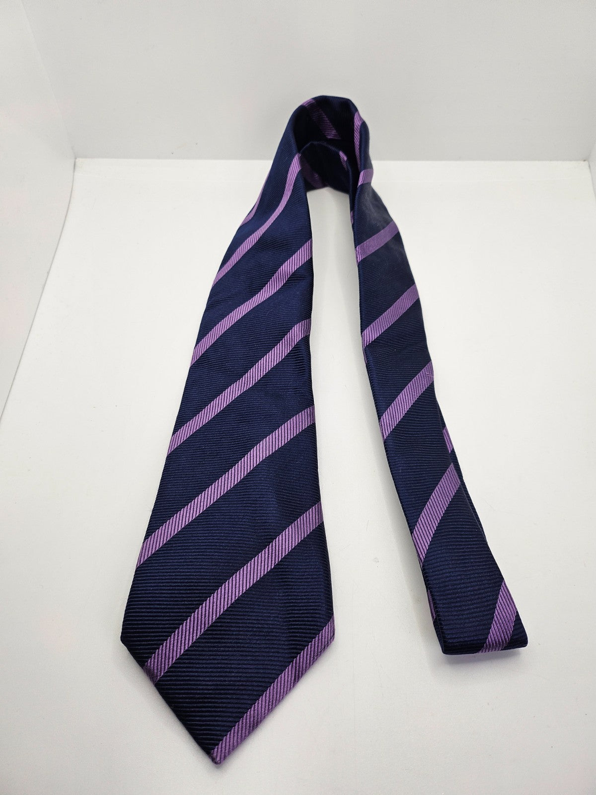 T.M. Lewin Silk Tie Mens Navy Purple Striped Designer Business Vtg Neck Tie BX23