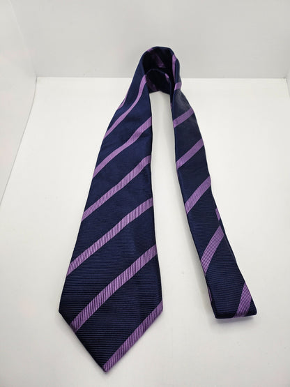T.M. Lewin Silk Tie Mens Navy Purple Striped Designer Business Vtg Neck Tie BX23