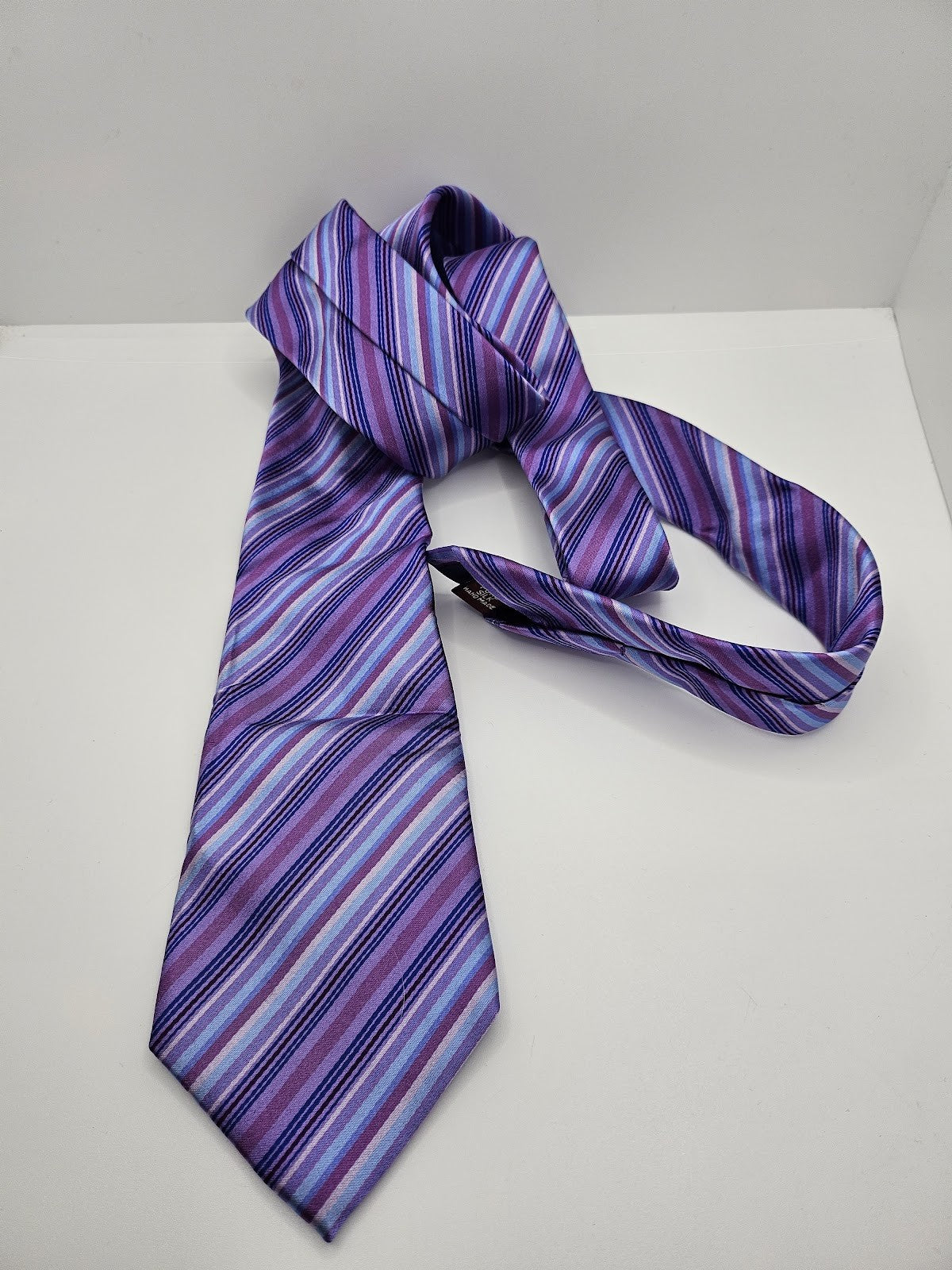 T.M.Lewin Mens Silk Tie Purple Blue Striped Vtg Retro Wedding Neck Tie