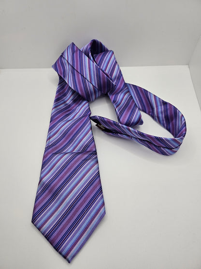 T.M.Lewin Mens Silk Tie Purple Blue Striped Vtg Retro Wedding Neck Tie