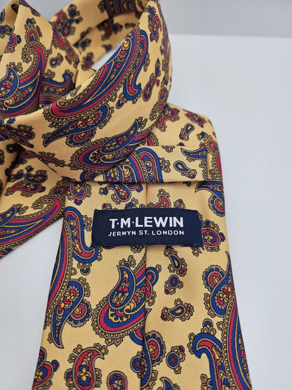 T.M. Lewin Mens Silk Tie Gold Paisley Vtg Retro Wedding Neck Tie
