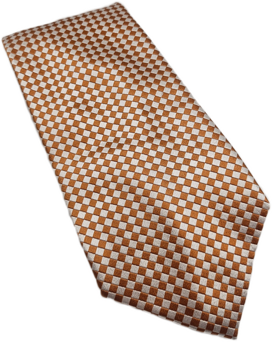 T.M. Lewin Silk Tie Mens Orange Silver Check Designer Wedding Vtg Necktie BX18