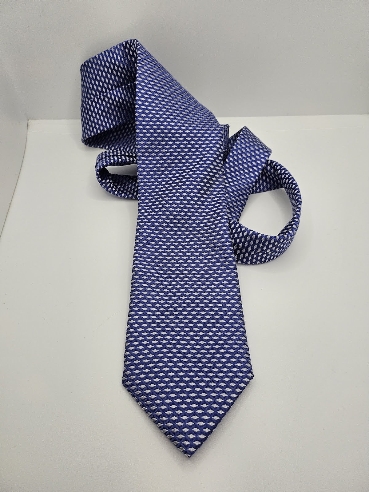 M&S Mens Silk Tie Blue White Geometric Diamond Vtg Retro Wedding Neck Tie