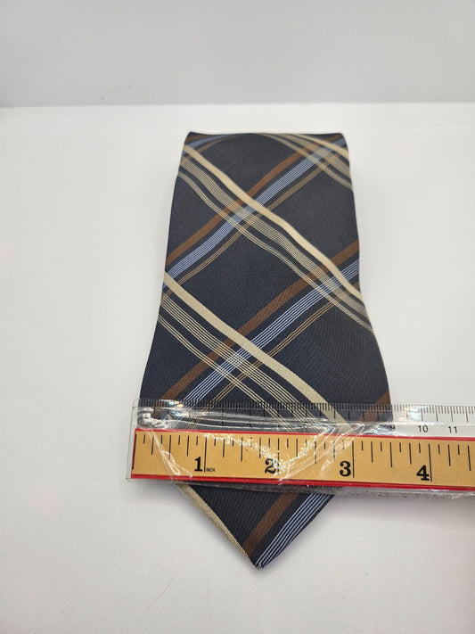 Vintage Men Silk Tie Marks Spencer Grey Yellow Check Designer Retro Necktie BX25