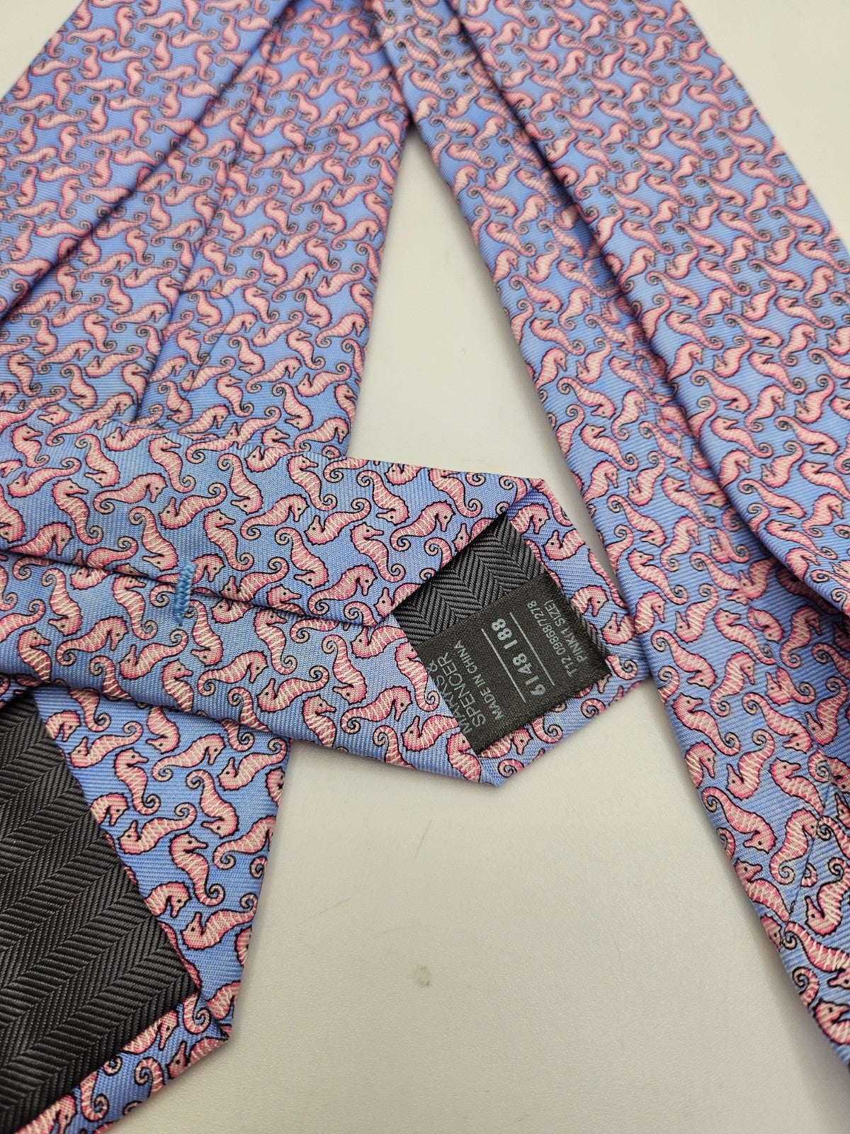 Marks & Spencer Silk Tie Mens Blue Pink Seahorse Novelty Designer Neck Tie BX23