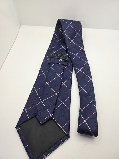 Ted Baker Silk Tie Mens Purple Navy Check Designer Vintage Retro Neck Tie BX15