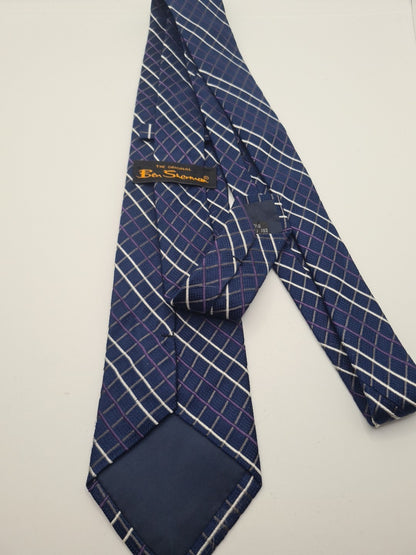 Ben Sherman Blue Check Mens Silk Tie Classic Designer Necktie Vintage Mens Tie UK BX12