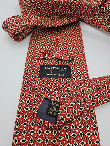 Cavenagh Silk Tie Mens Red Gold Woven Geometric Diamond Mosaic Vtg Neck Tie BX21