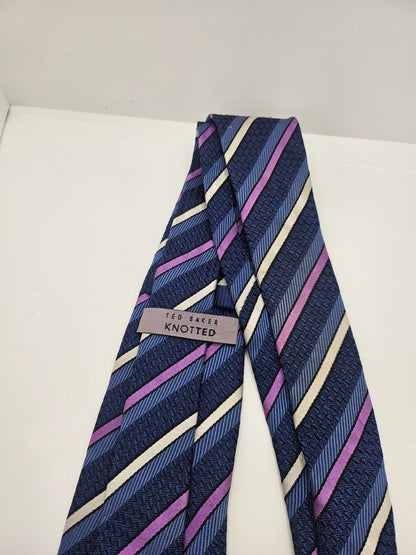 Ted Baker Knotted Silk Tie Mens Blue Pink Textured Striped Vintage Neck Tie BX15