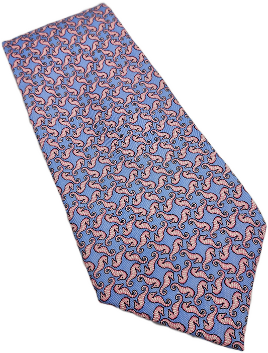 Marks & Spencer Silk Tie Mens Blue Pink Seahorse Novelty Designer Neck Tie BX23
