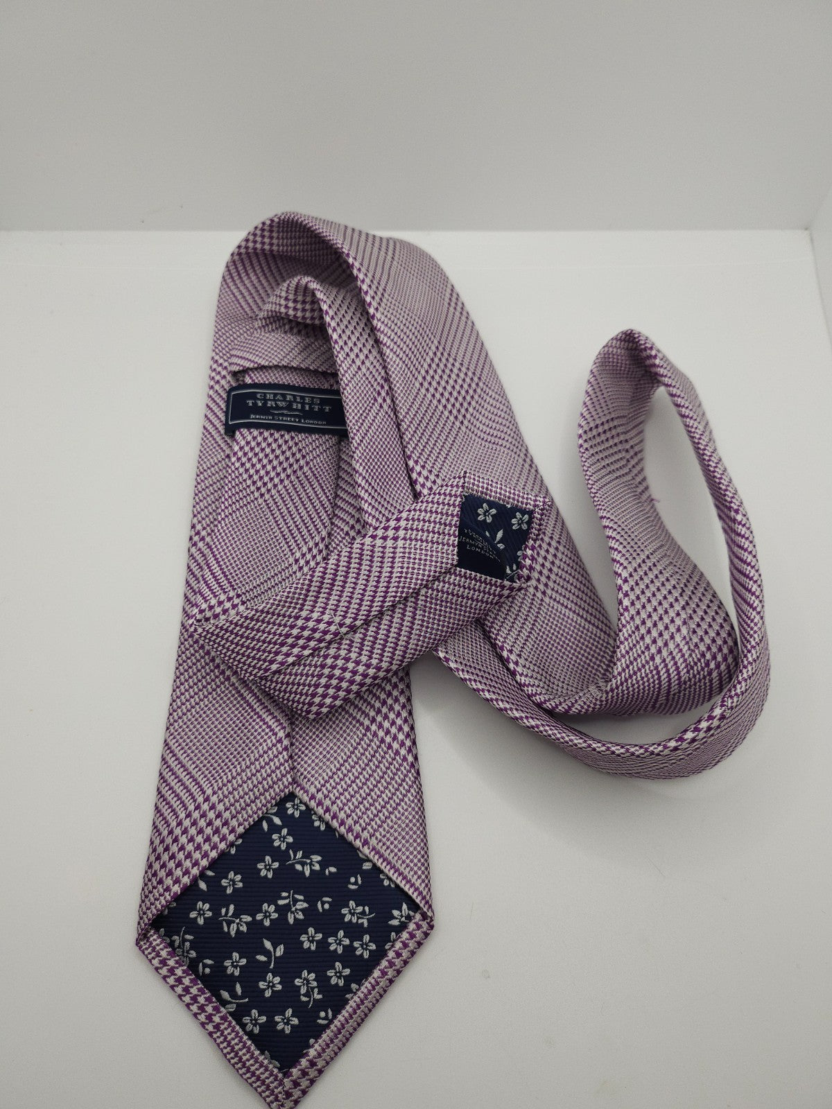 Charles Tyrwhitt Silk Tie Mens White Purple Checked Pattern Classic Necktie BX13
