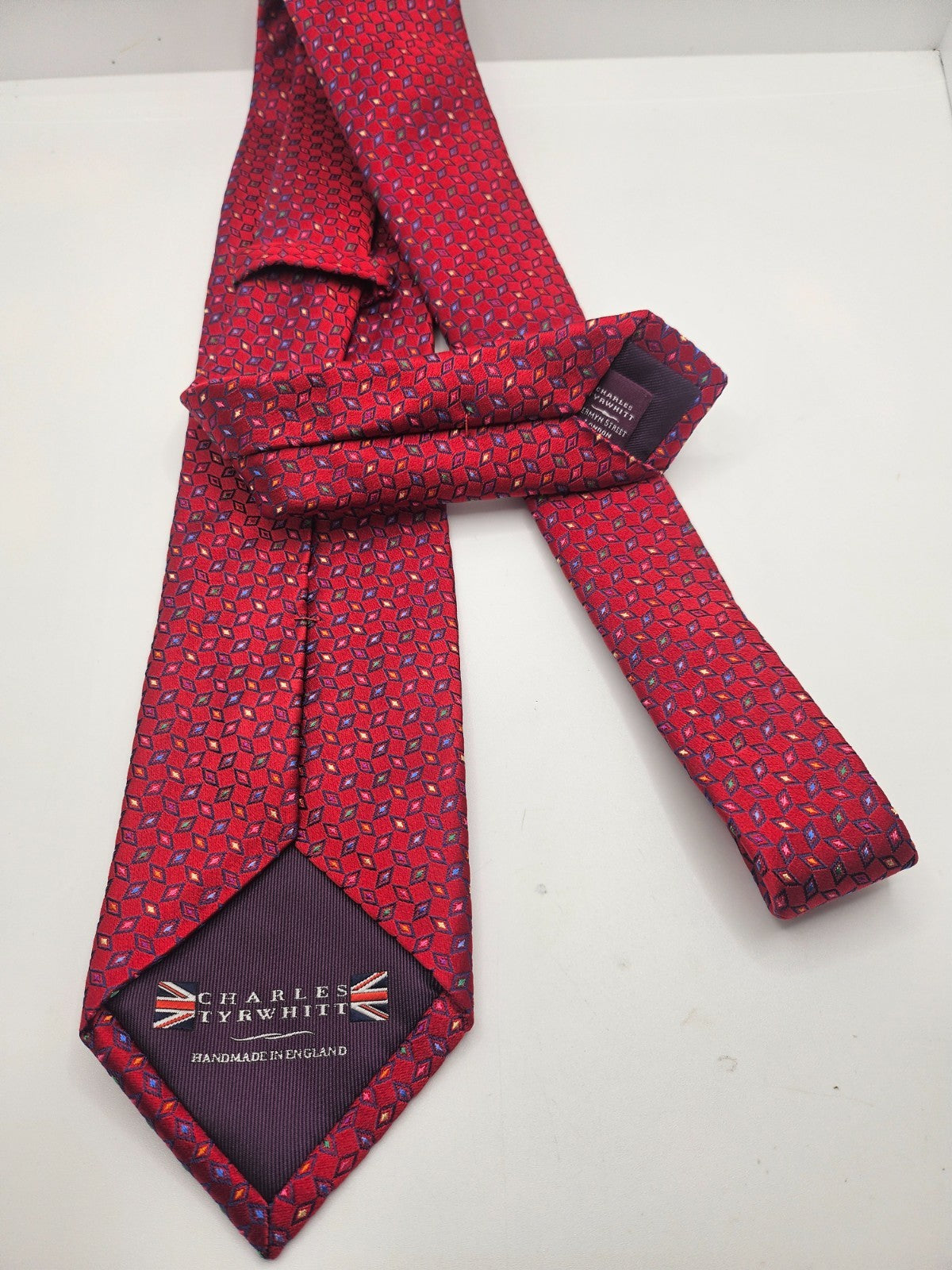 Charles Tyrwhitt Silk Tie Mens Red Colorful Geometric Classic Y2k Neck Tie BX13