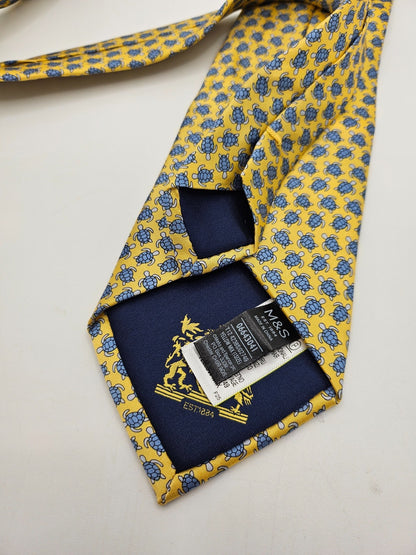 Marks & Spencer Silk Tie Mens Yellow Blue Sea Turtle Novelty Retro Neck Tie BX2