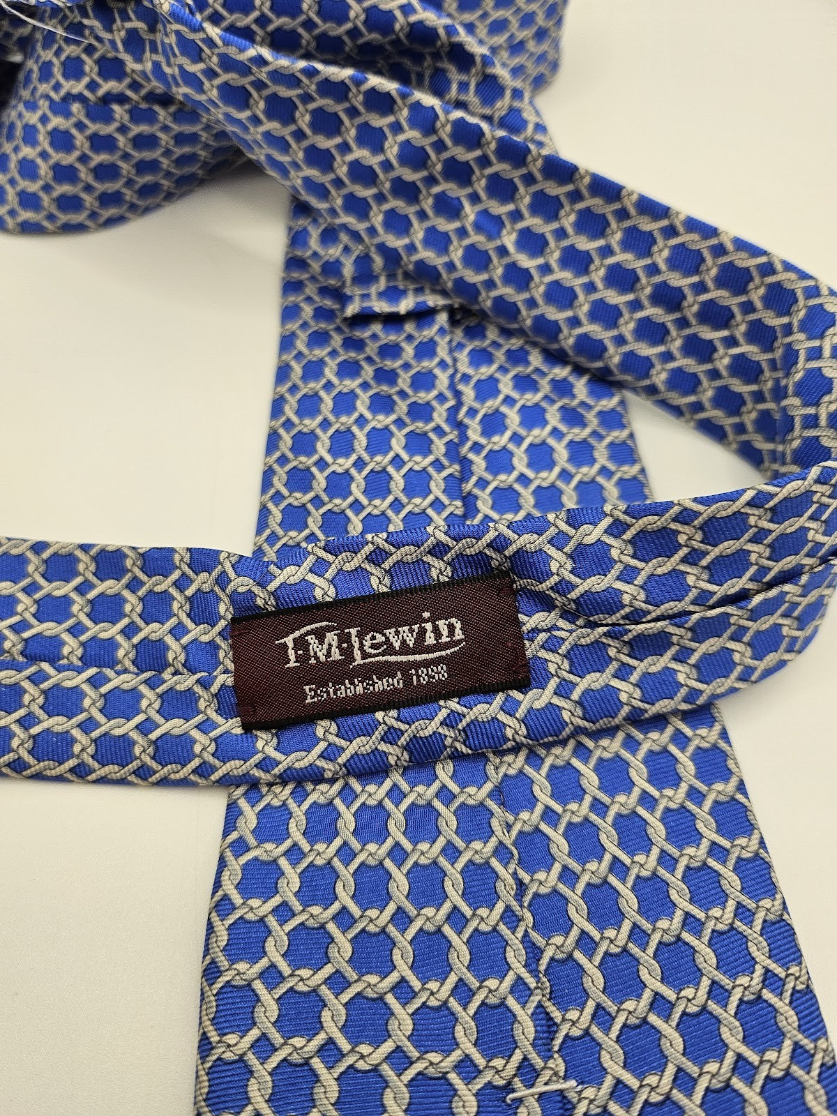 T.M.Lewin Mens Silk Tie Blue Geometric Chain Vtg Retro Wedding Neck Tie