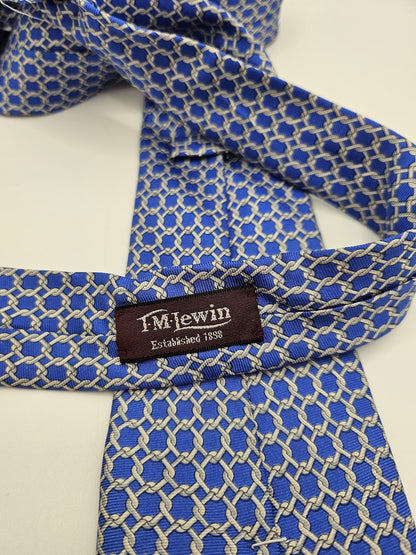 T.M.Lewin Mens Silk Tie Blue Geometric Chain Vtg Retro Wedding Neck Tie