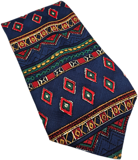 Vintage Mens Silk Tie C&A Blue Southwest Pattern Designer Retro Neck Tie BX25