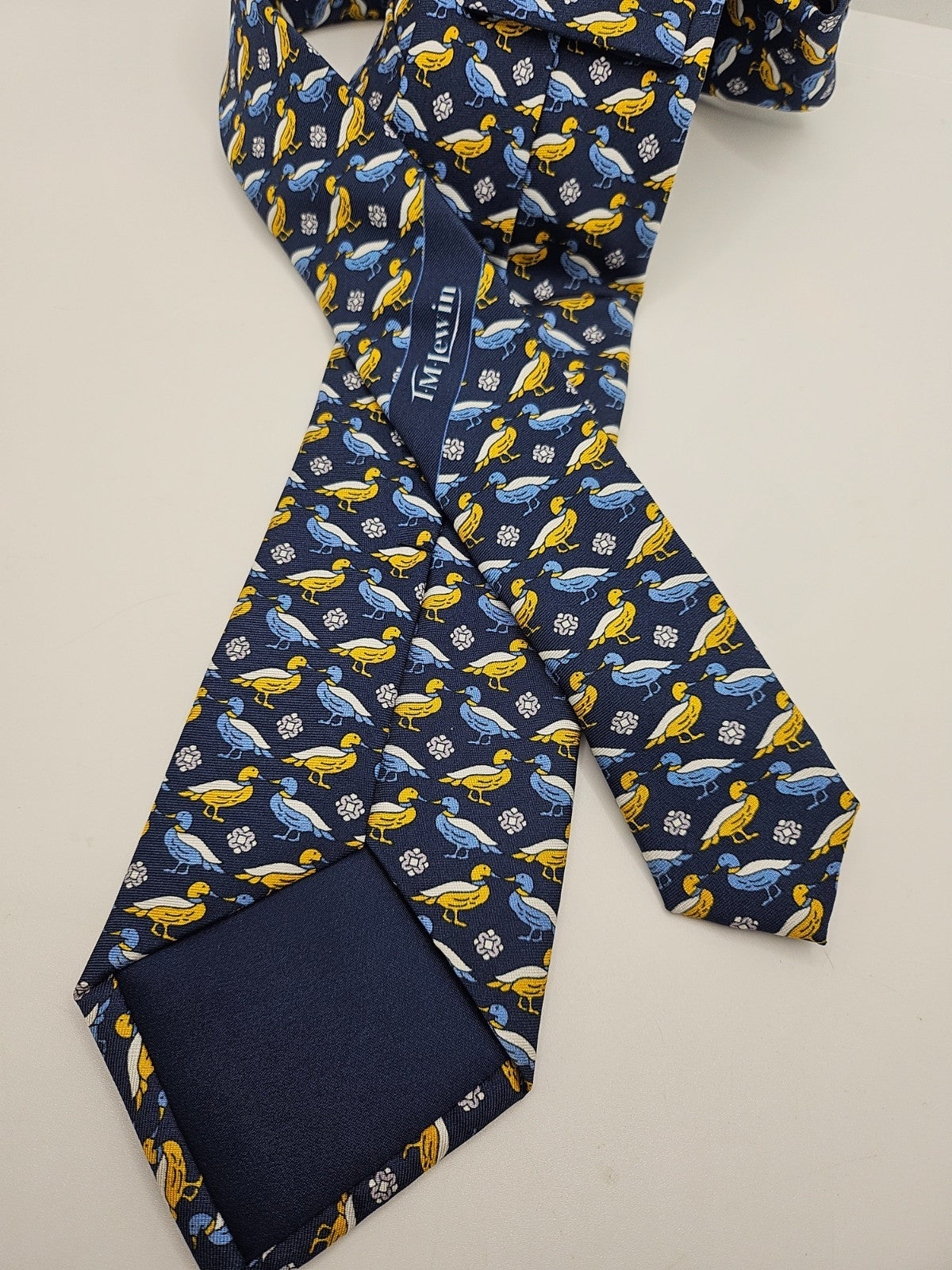 T.M. Lewin Silk Tie Men Navy Blue Yellow Mallard Duck Waterfowl Vtg Necktie BX20