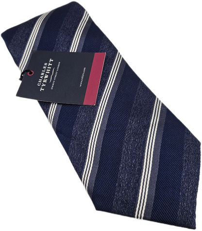 Charles Tyrwhitt Silk Tie Mens Navy Blue Striped Business Vtg Retro Necktie BX10