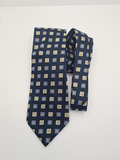 Blue Retro geometric Square Pattern Mens Silk Tie Classic Designer Necktie Geometric Vintage Mens Tie UK BX8