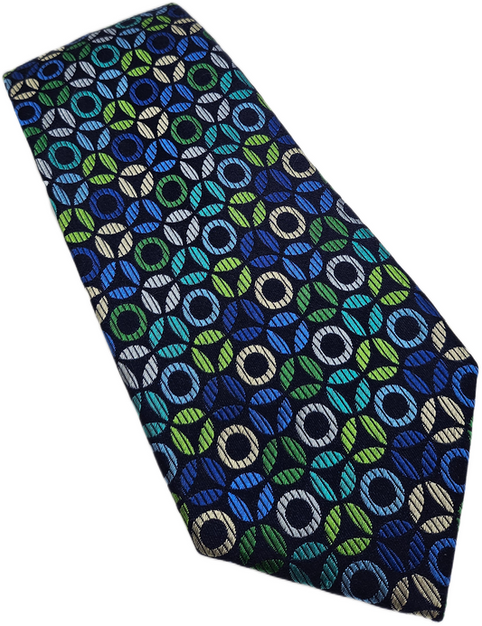 Charles Tyrwhitt Silk Tie Mens Blue Green Geometric Circles Retro Neck Tie BX21
