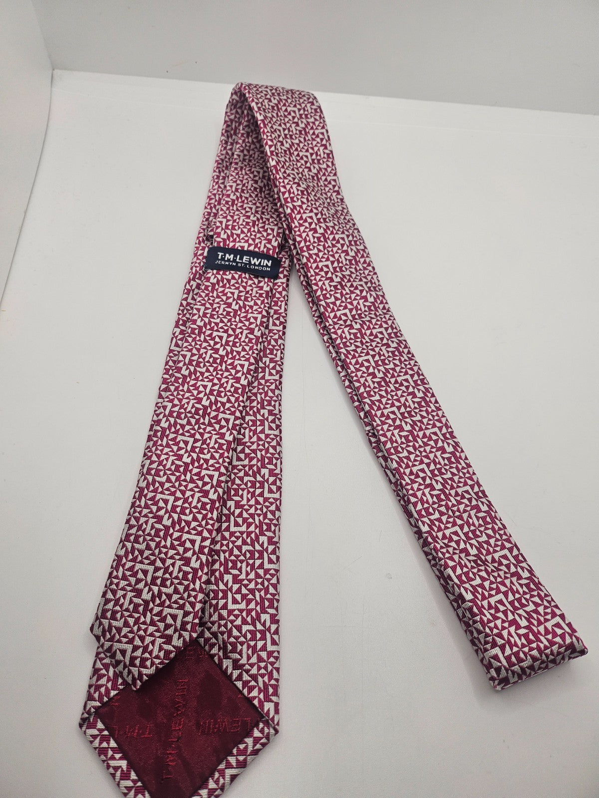TM Lewin Jermyn Silk Tie Mens Burgundy Silver Geometric Wedding Vtg Necktie BX18