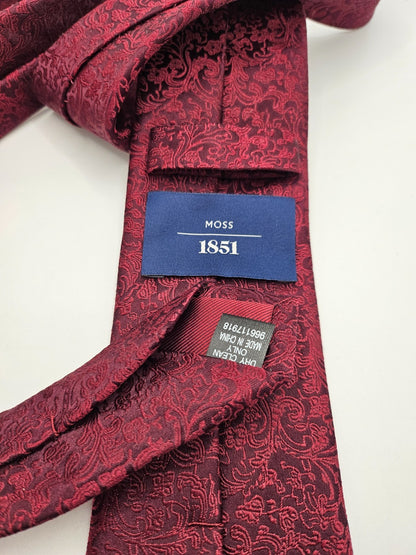 Moss 1851 Silk Tie Mens Burgundy Red Paisley Woven Jacquard Vintage Neck Tie BX1