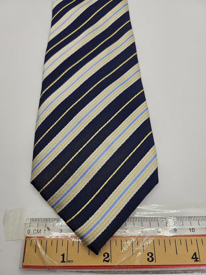 T.M. Lewin Mens Silk Tie Navy Blue Yellow Striped Vtg Retro Wedding Neck Tie