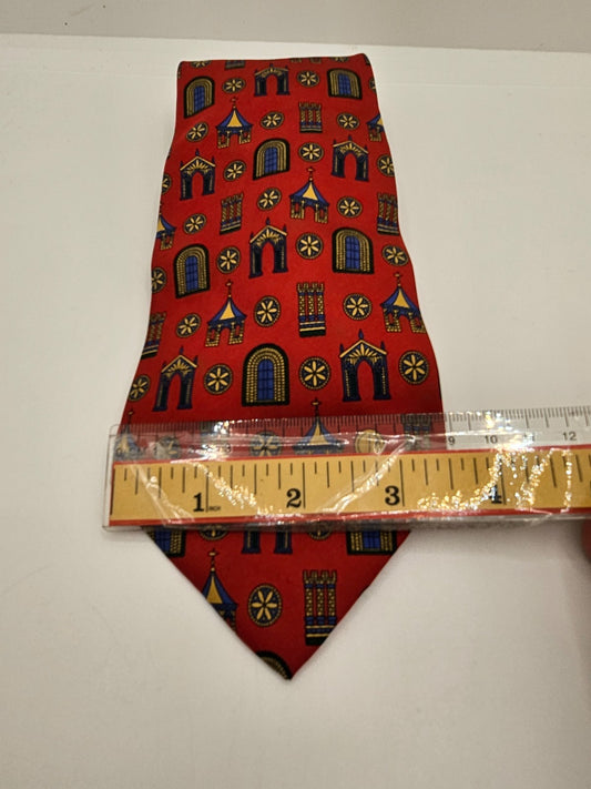 Alfred Dunhill Silk Tie Mens Red Arched Window Novelty Designer Vtg Necktie BX26