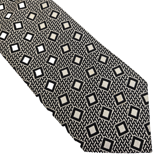 Drakes Mens Silk Tie Black Grey Geometric Square Vtg Retro Wedding Neck Tie R9