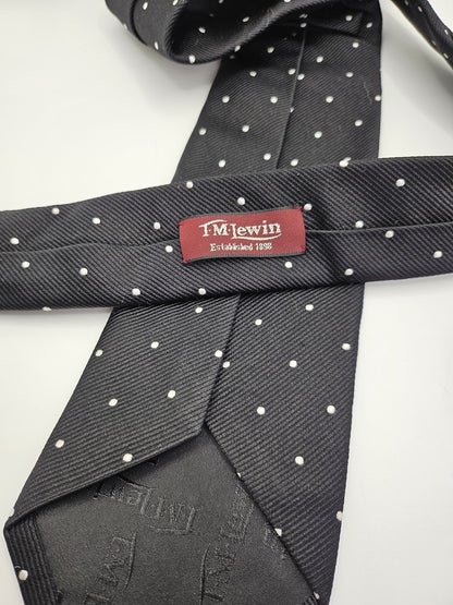 T M Lewin Mens Silk Tie Black White Polka Dot Vtg Retro Wedding Neck Tie