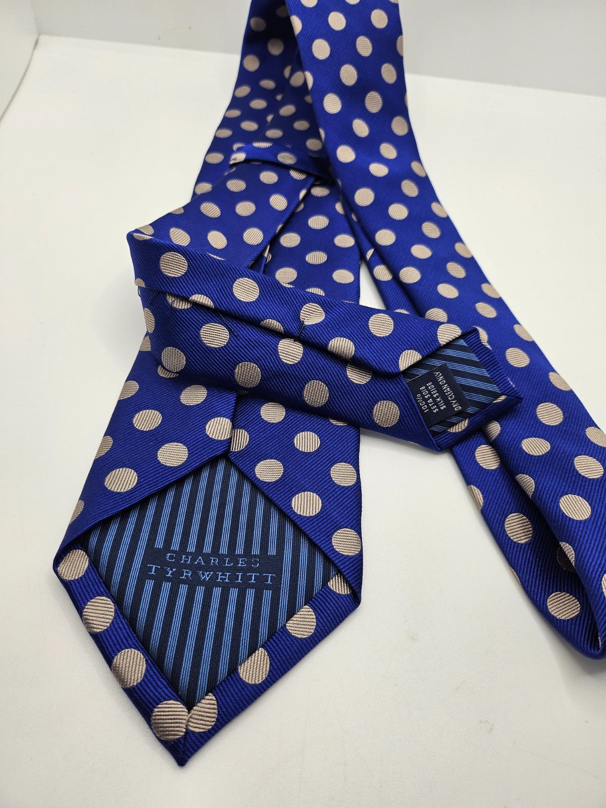 Charles Tyrwhitt Silk Tie Mens Blue Champagne Polka Dot Vtg Wedding Necktie BX23