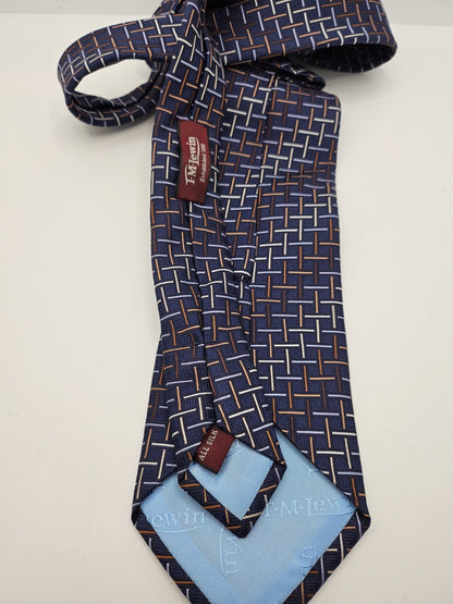 T.M. Lewin Silk Tie Mens Navy Blue Geometric Interlocking Grid Vtg Neck Tie BX2