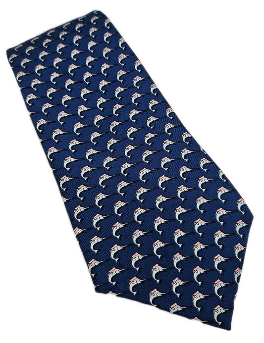 Reef Knots Blue Sailing Fish Print Silk Tie