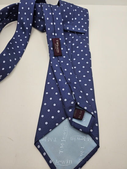 T.M. Lewin Silk Tie Mens Navy Blue Grey Polka Dot Business Vintage Neck Tie BX26