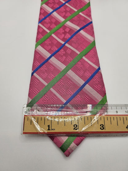 T.M.Lewin Mens Silk Tie Pink Green Blue Checked Vtg Retro Wedding Neck Tie