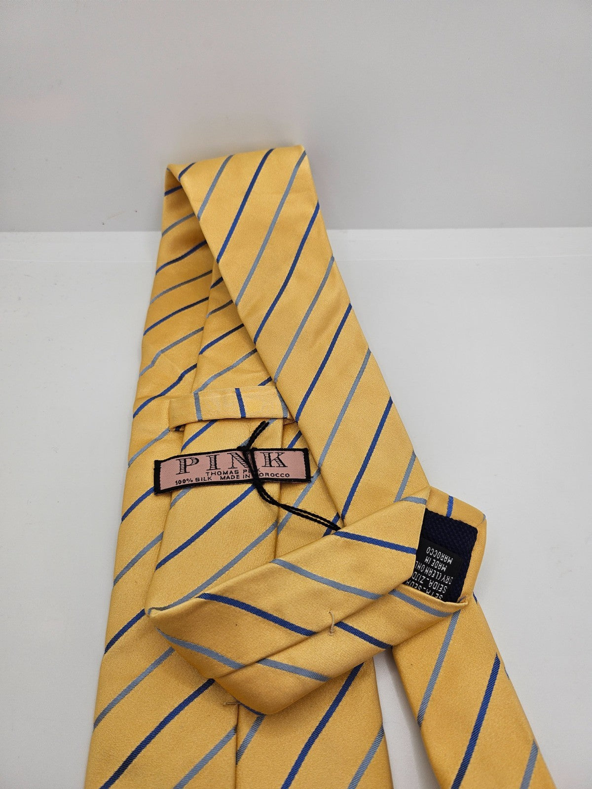 Thomas Pink Yellow Navy Blue Striped Silk Tie