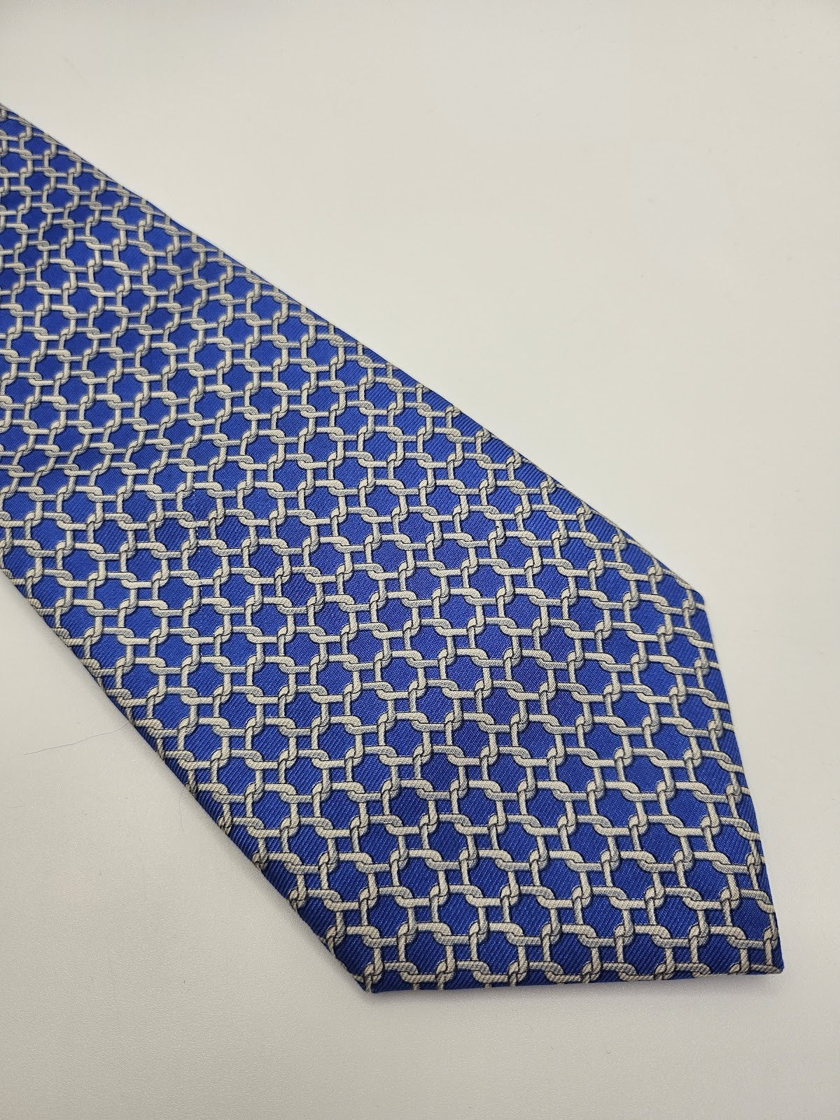 T.M.Lewin Mens Silk Tie Blue Geometric Chain Vtg Retro Wedding Neck Tie