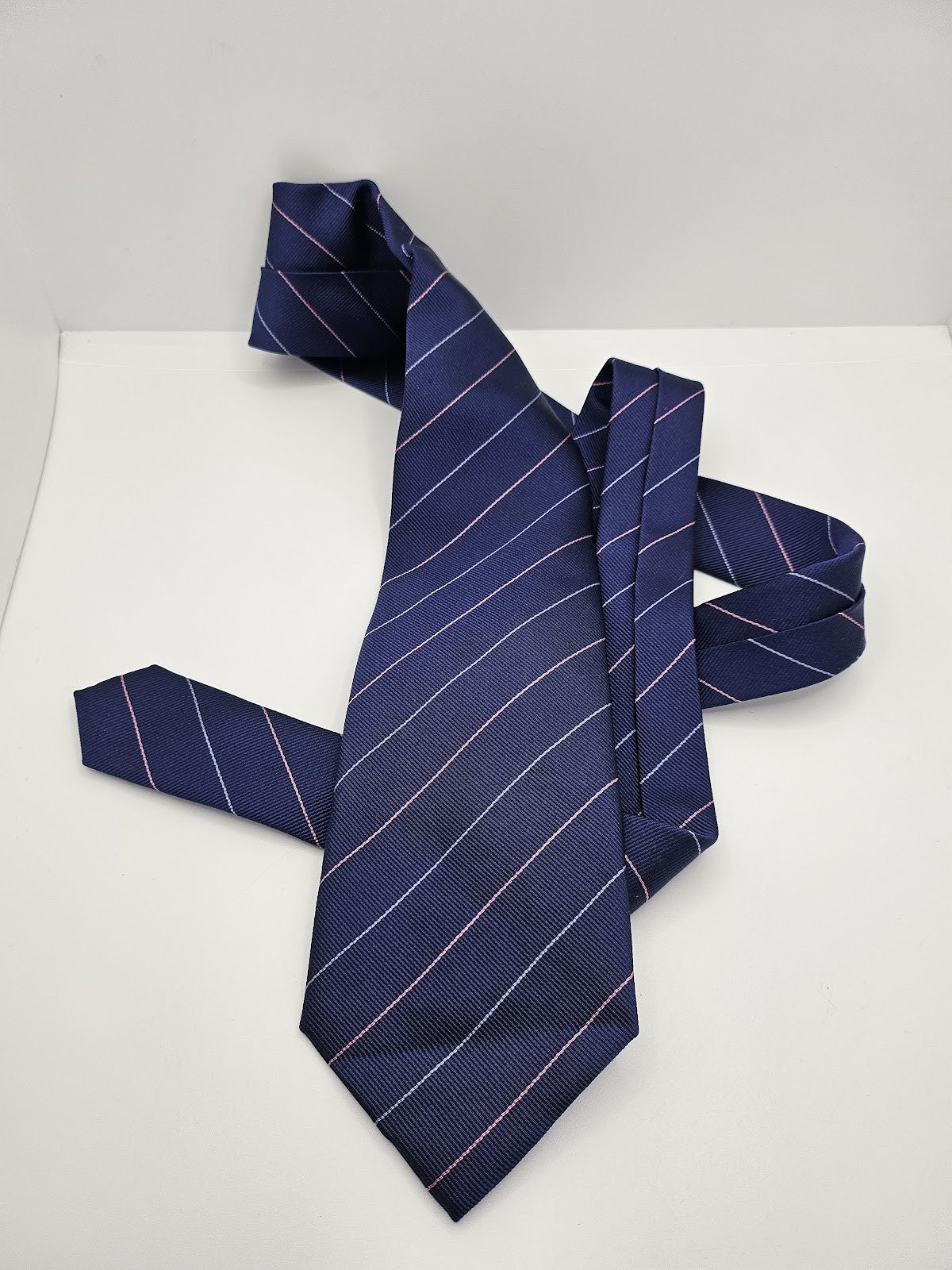 T.M.Lewin Mens Silk Tie Navy Blue Striped Vtg Retro Wedding Neck Tie