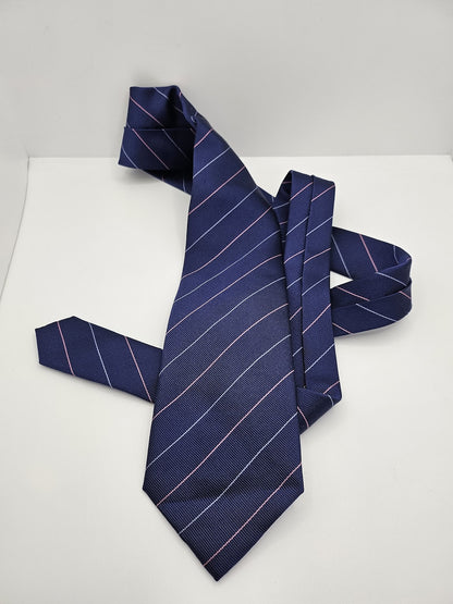 T.M.Lewin Mens Silk Tie Navy Blue Striped Vtg Retro Wedding Neck Tie