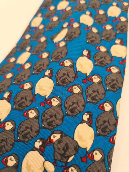 Blue Whiskey Puffin bird Pattern Silk Tie | Designer Mens Tie UK Vintage Mens Tie UK BX14