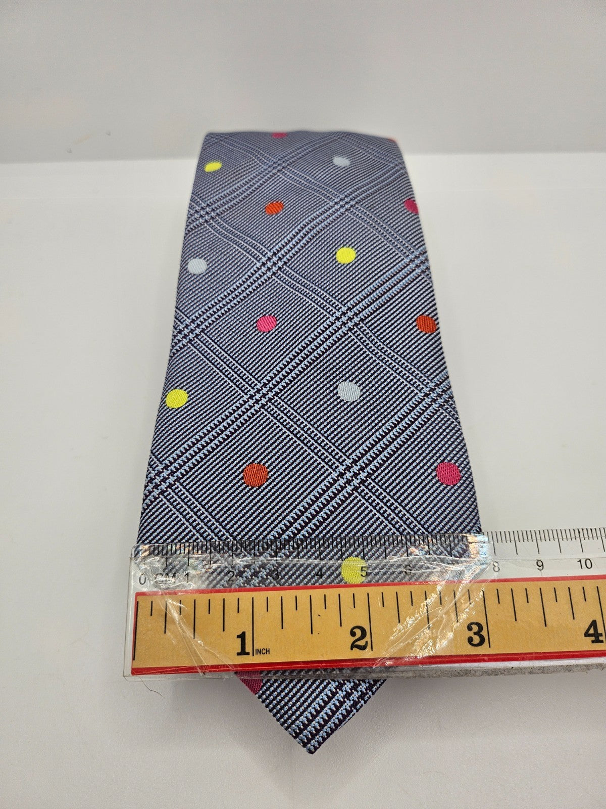 Thomas Pink Grey Glen Plaid Polka Dots Silk Tie