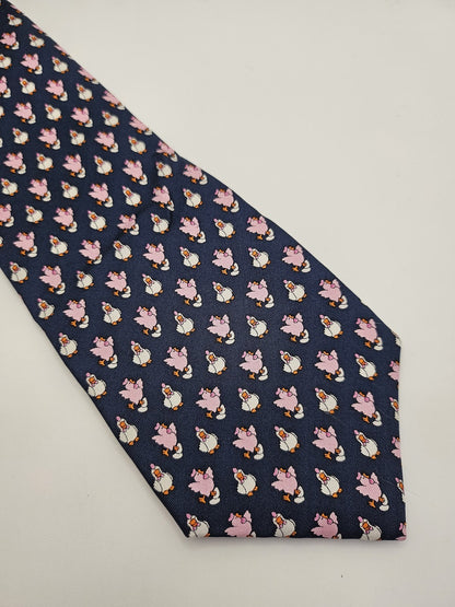 Michelsons of London Mens Silk Tie Navy Pink Pig Novelty Vtg Retro Neck Tie