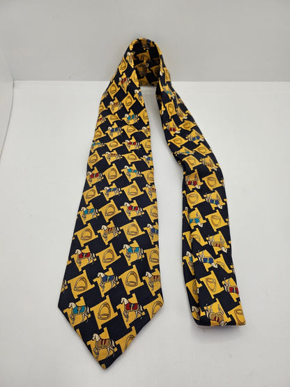 Thomas Pink Silk Tie Mens Black Yellow Equestrian Horse Novelty Vtg Necktie BX26